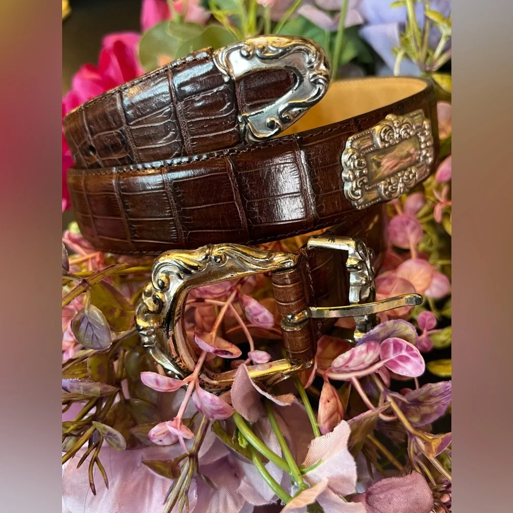 Enmon Vintage Italian Leather Brown & Silver Tone Scroll Concho‎ Moc Croc Belt L